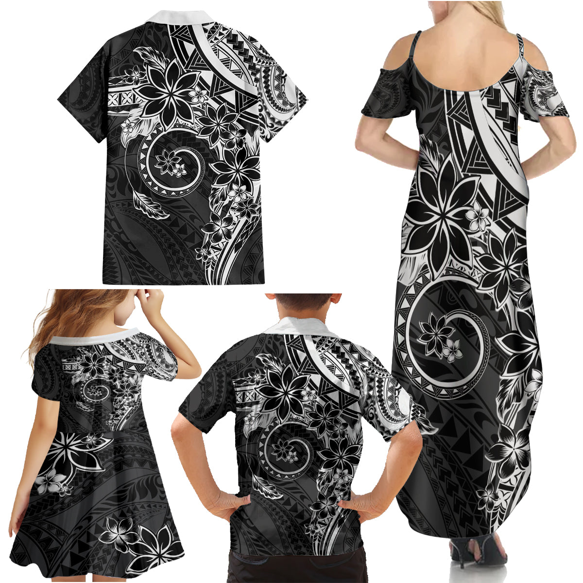 Polynesian Pattern With Plumeria Flowers Family Matching Summer Maxi Dress and Hawaiian Shirt Black LT05 - Polynesian Pride