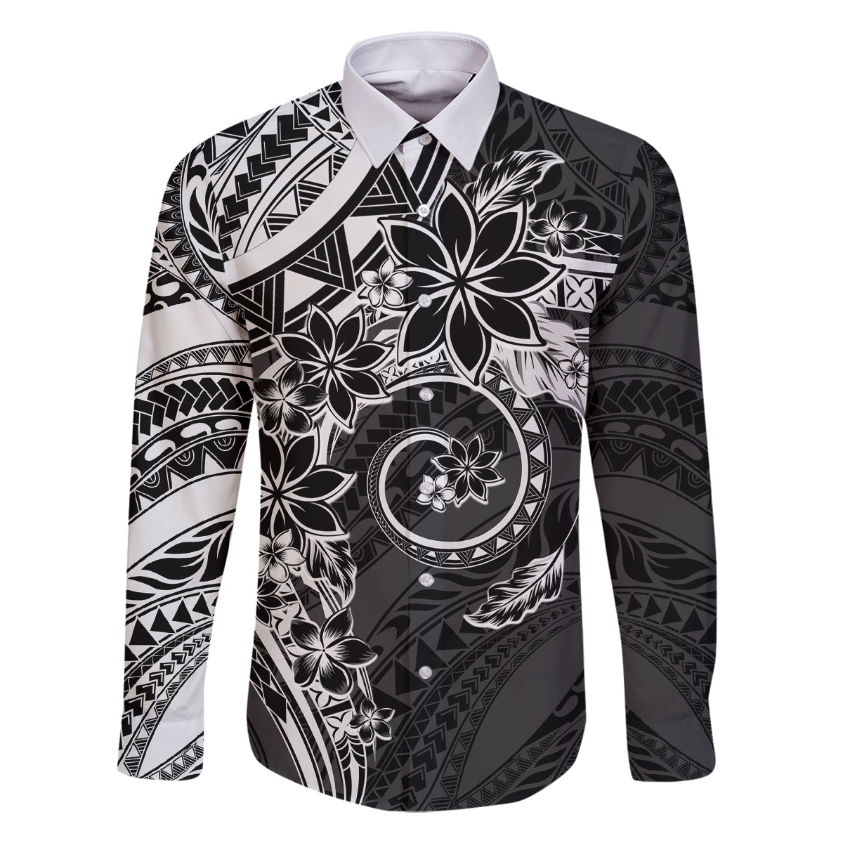 Polynesian Pattern With Plumeria Flowers Family Matching Summer Maxi Dress and Hawaiian Shirt Black LT05 Dad's Shirt - Long Sleeve Black - Polynesian Pride