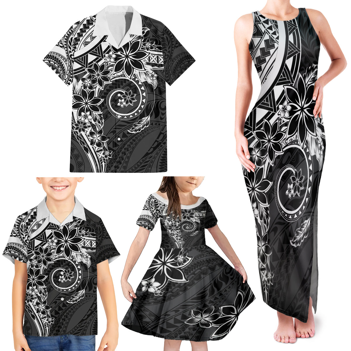 Polynesian Pattern With Plumeria Flowers Family Matching Tank Maxi Dress and Hawaiian Shirt Black LT05 - Polynesian Pride