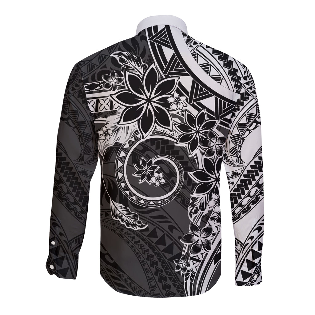 Polynesian Pattern With Plumeria Flowers Long Sleeve Button Shirt Black