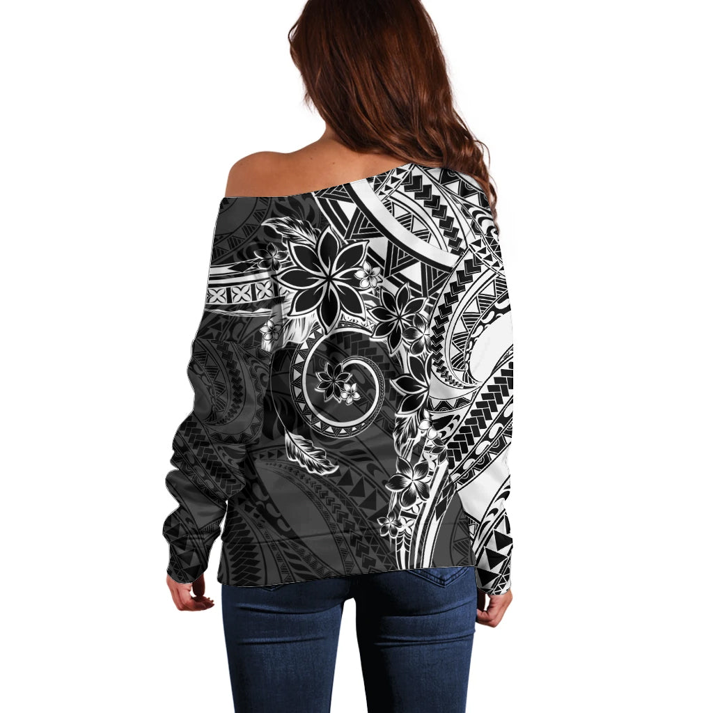 Polynesian Pattern With Plumeria Flowers Off Shoulder Sweater Black