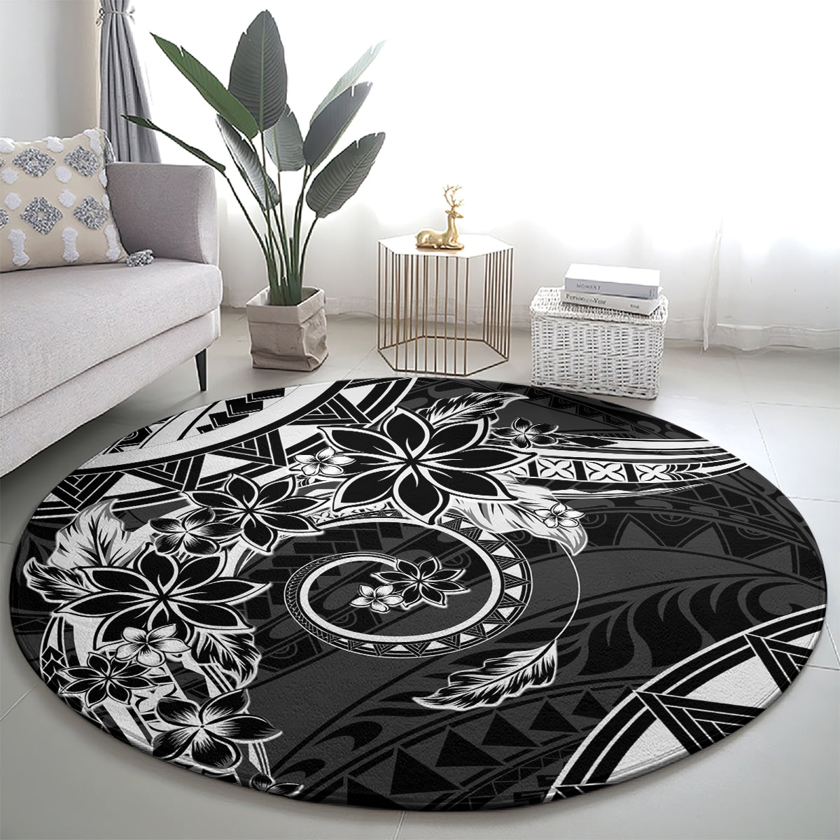 Polynesian Pattern With Plumeria Flowers Round Carpet Black