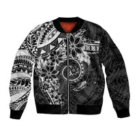 Polynesian Pattern With Plumeria Flowers Sleeve Zip Bomber Jacket Black