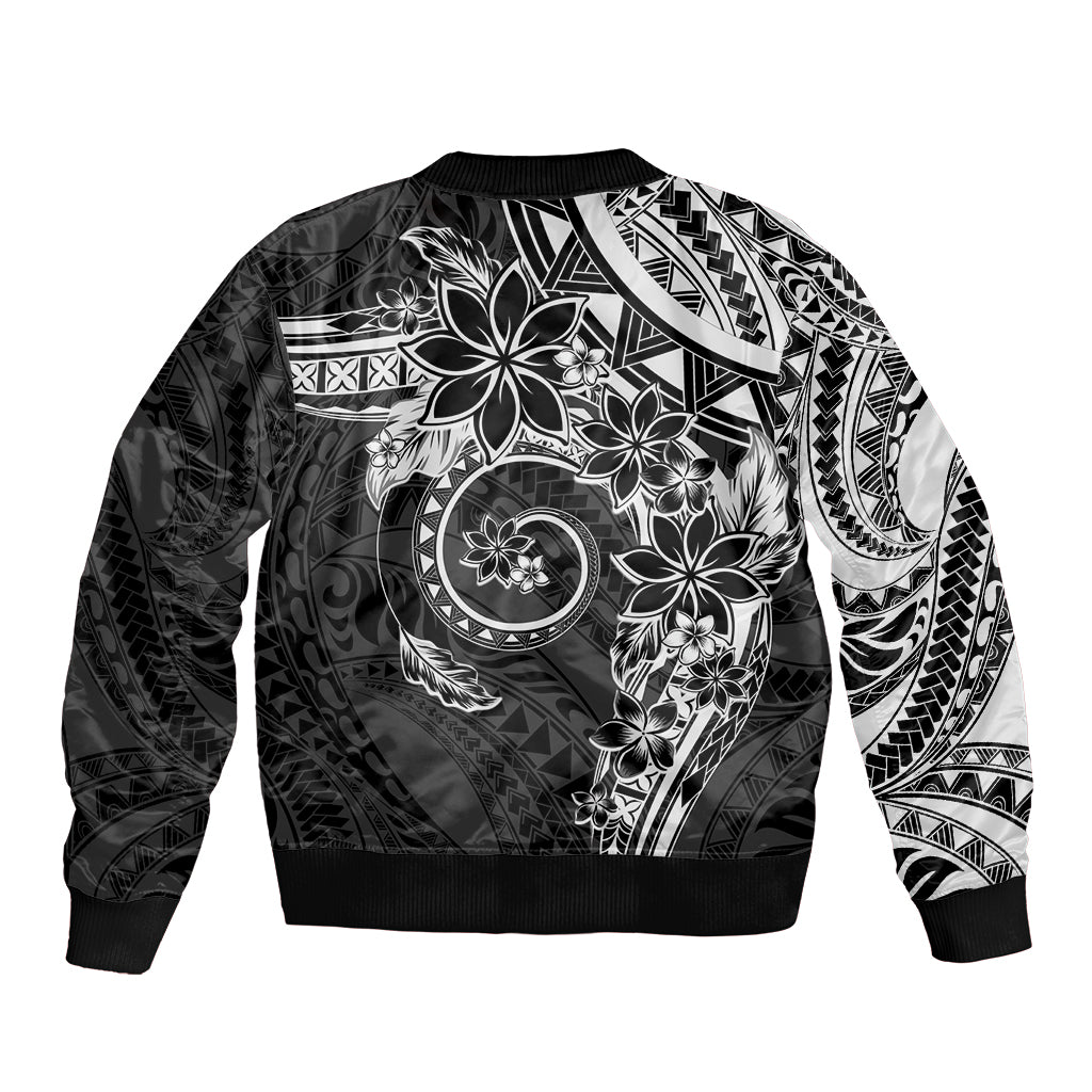 Polynesian Pattern With Plumeria Flowers Sleeve Zip Bomber Jacket Black