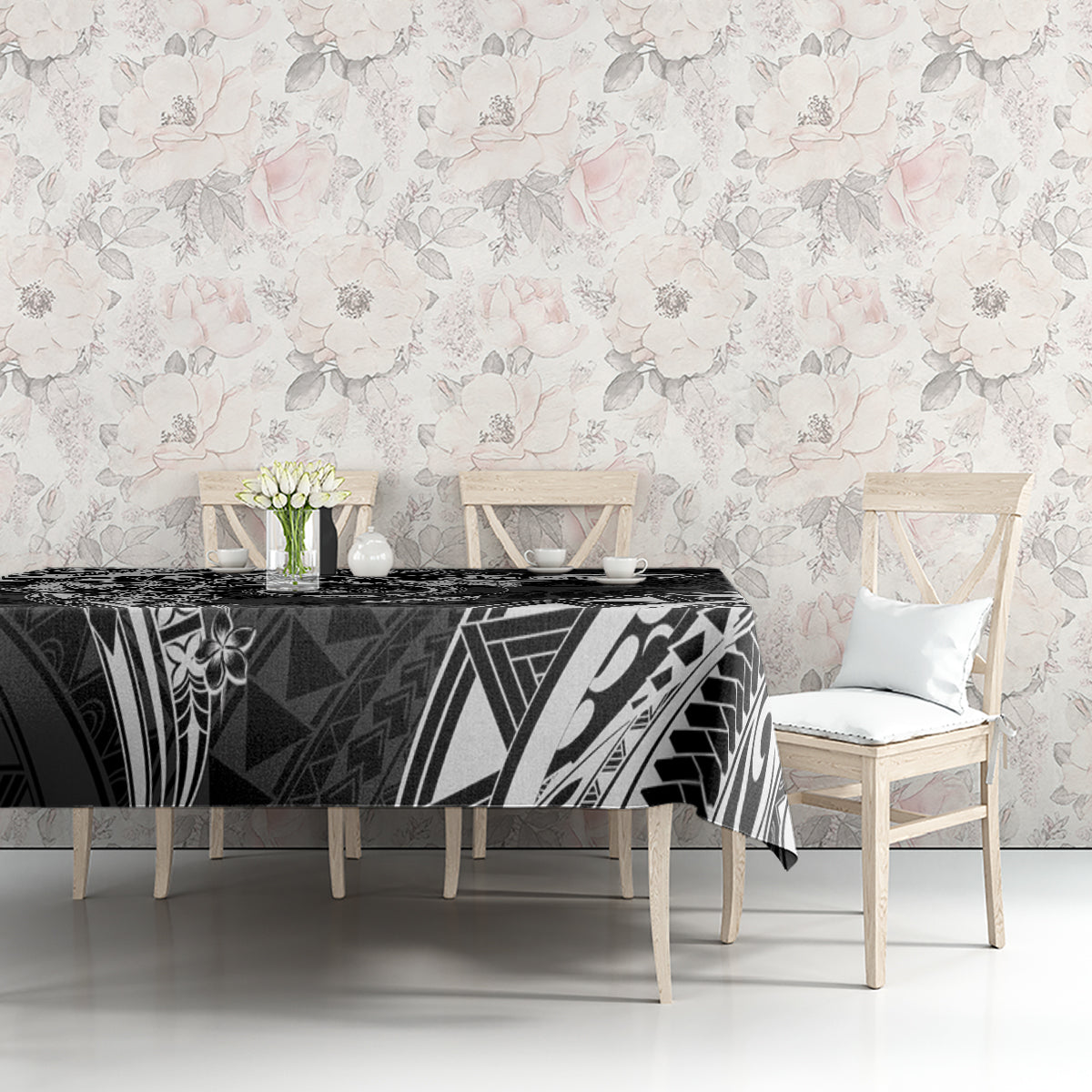 Polynesian Pattern With Plumeria Flowers Tablecloth Black LT05 - Polynesian Pride