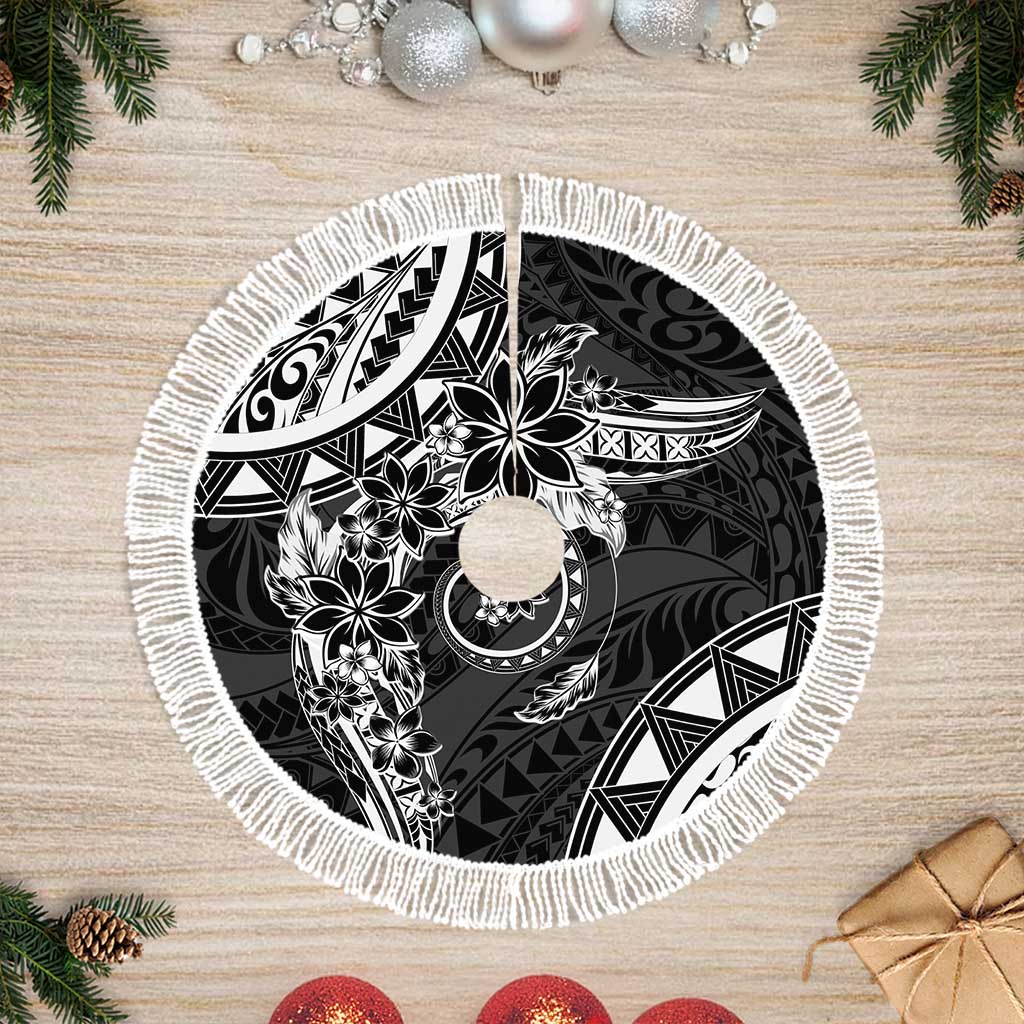 Polynesian Pattern With Plumeria Flowers Tree Skirt Black LT05 Fringed Black - Polynesian Pride
