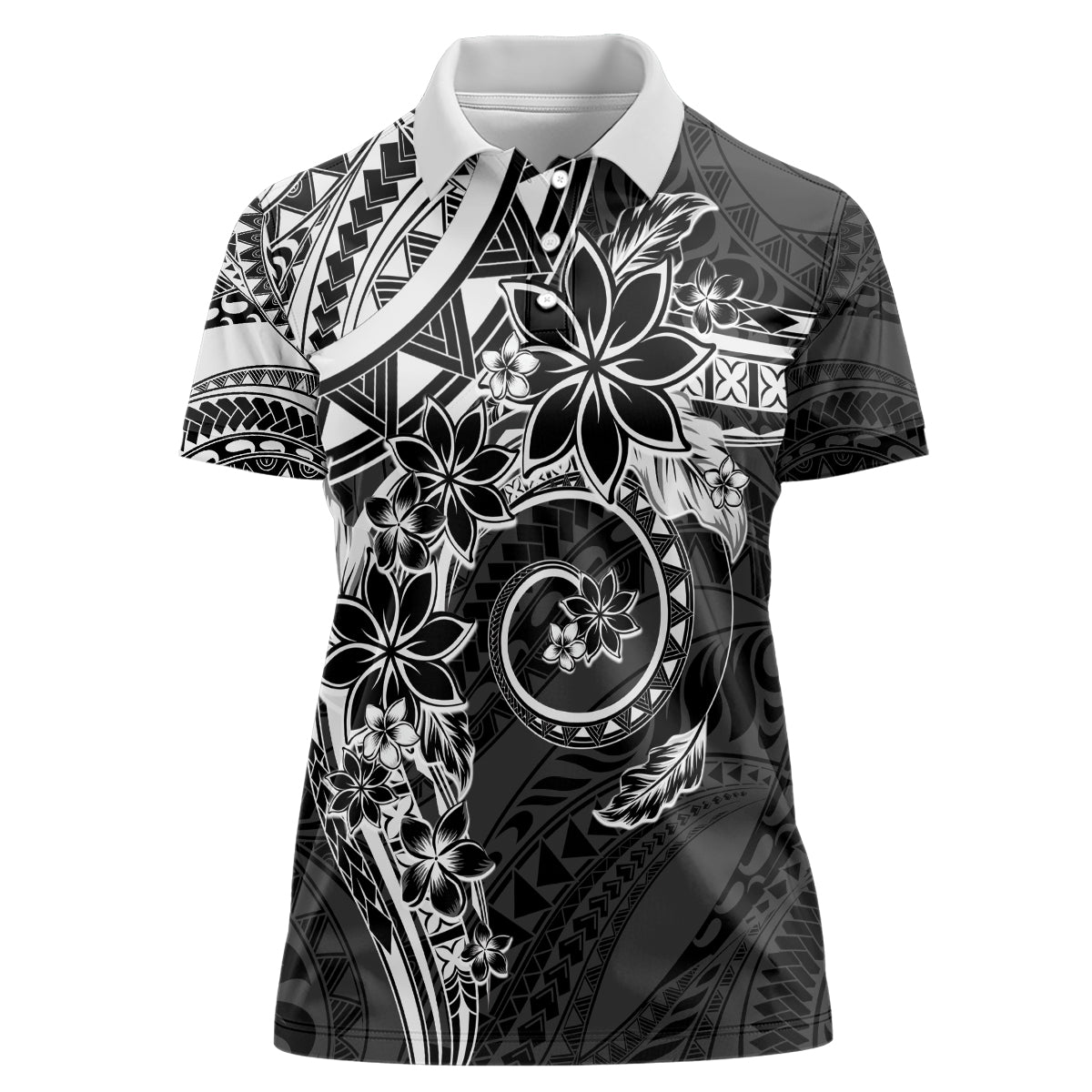 Polynesian Pattern With Plumeria Flowers Women Polo Shirt Black