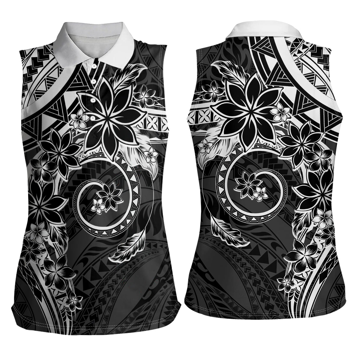 Polynesian Pattern With Plumeria Flowers Women Sleeveless Polo Shirt Black LT05 - Polynesian Pride