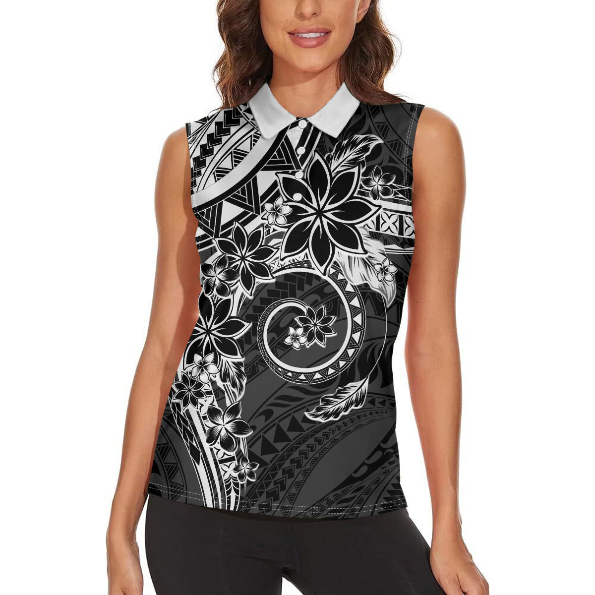 Polynesian Pattern With Plumeria Flowers Women Sleeveless Polo Shirt Black LT05 - Polynesian Pride