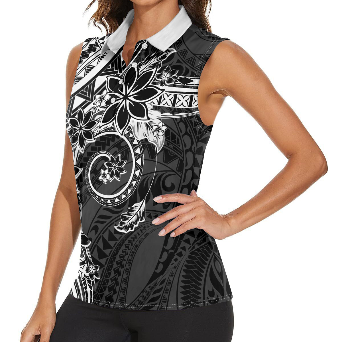 Polynesian Pattern With Plumeria Flowers Women Sleeveless Polo Shirt Black LT05 - Polynesian Pride