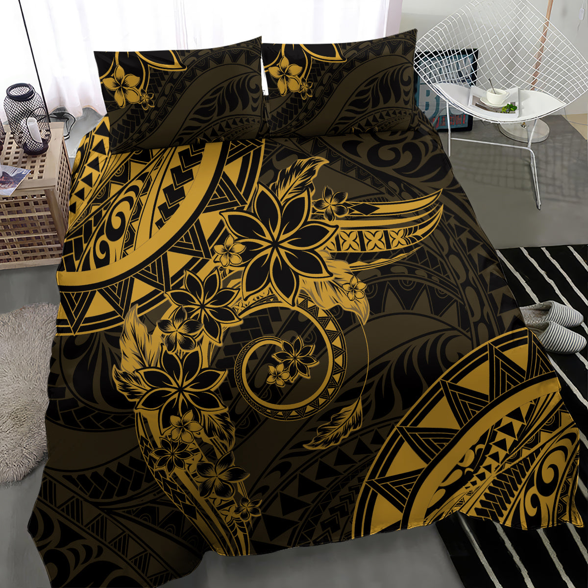 Polynesian Sunset Plumeria Bedding Set Gold Polynesian Tattoo
