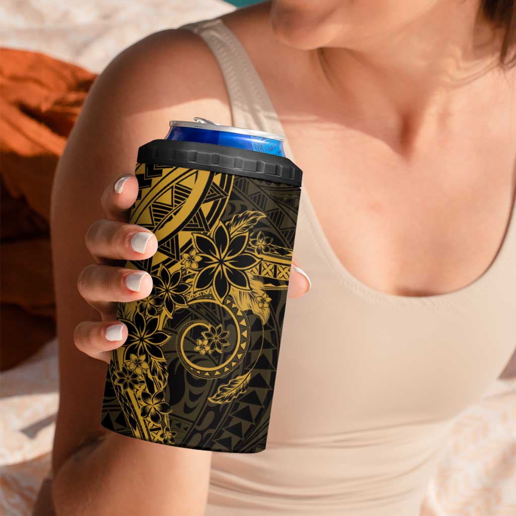 Gold Polynesian Pattern With Plumeria Flowers 4 in 1 Can Cooler Tumbler