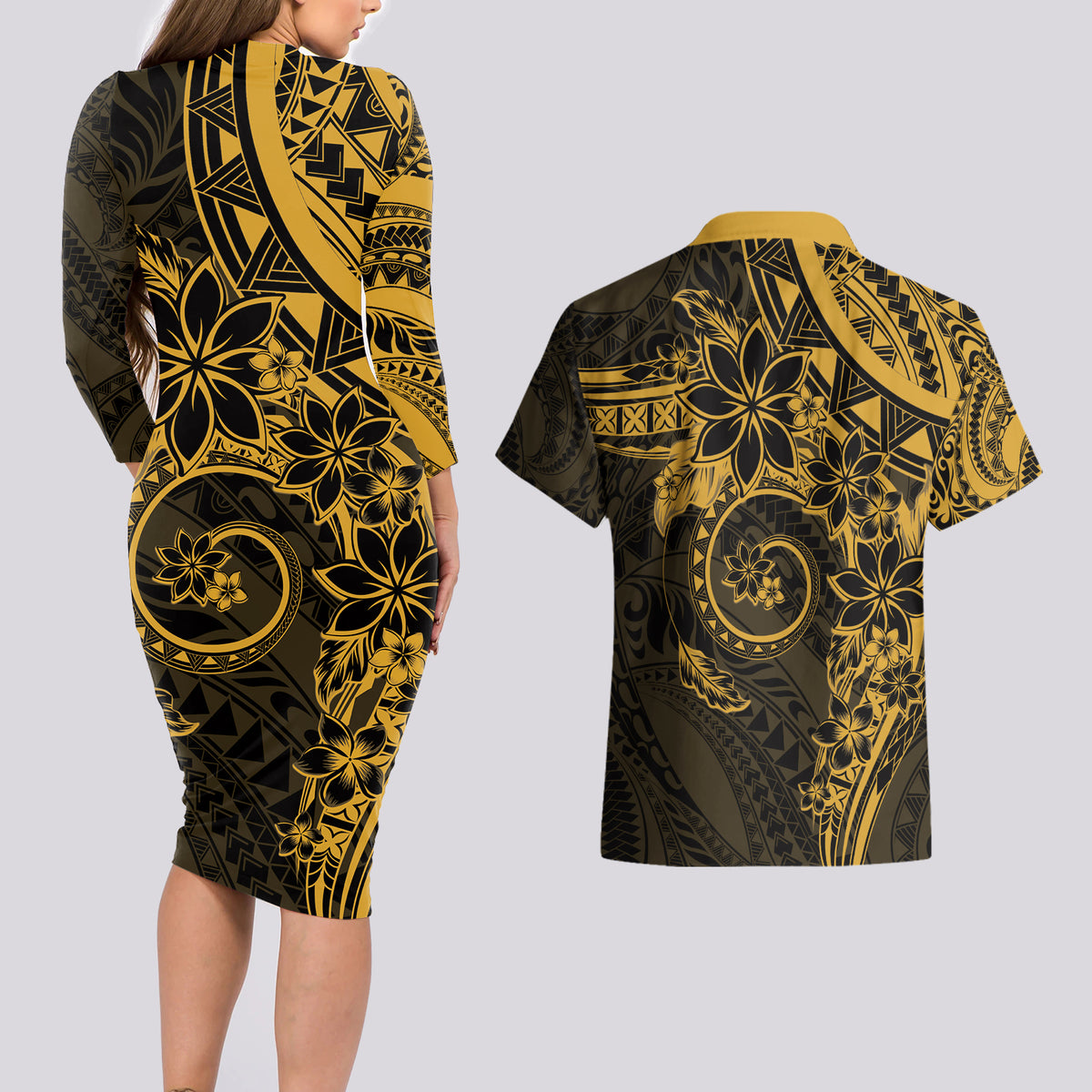 Polynesian Sunset Plumeria Couples Matching Long Sleeve Bodycon Dress and Hawaiian Shirt Gold Polynesian Tattoo