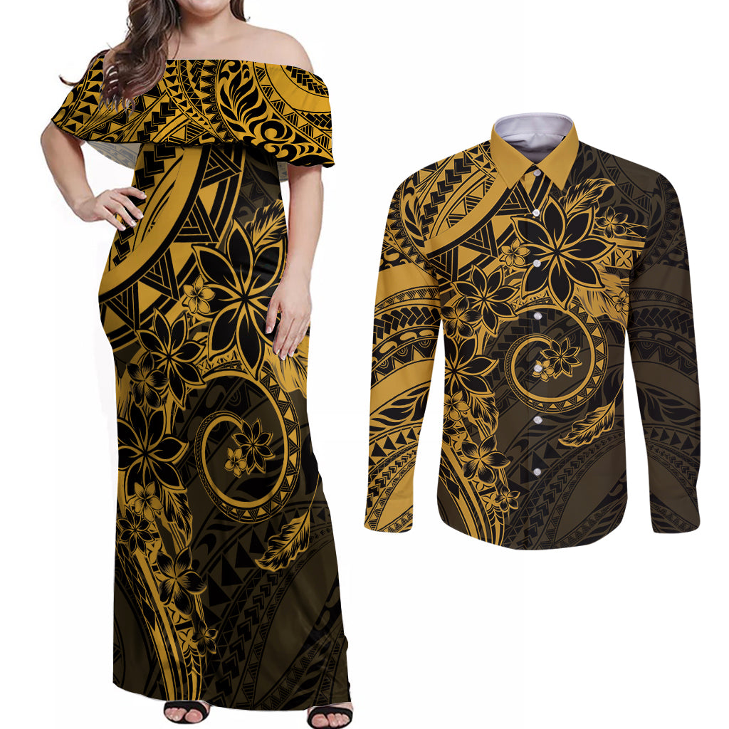 Polynesian Sunset Plumeria Couples Matching Off Shoulder Maxi Dress and Long Sleeve Button Shirt Gold Polynesian Tattoo LT05 Gold - Polynesian Pride