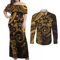 Polynesian Sunset Plumeria Couples Matching Off Shoulder Maxi Dress and Long Sleeve Button Shirt Gold Polynesian Tattoo LT05 Gold - Polynesian Pride