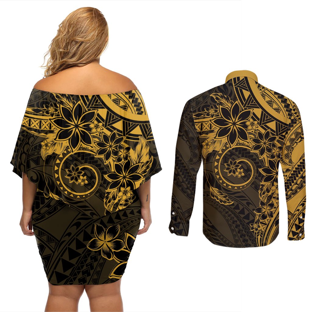 Polynesian Sunset Plumeria Couples Matching Off Shoulder Short Dress and Long Sleeve Button Shirt Gold Polynesian Tattoo LT05 - Polynesian Pride