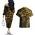 Polynesian Sunset Plumeria Couples Matching Off The Shoulder Long Sleeve Dress and Hawaiian Shirt Gold Polynesian Tattoo