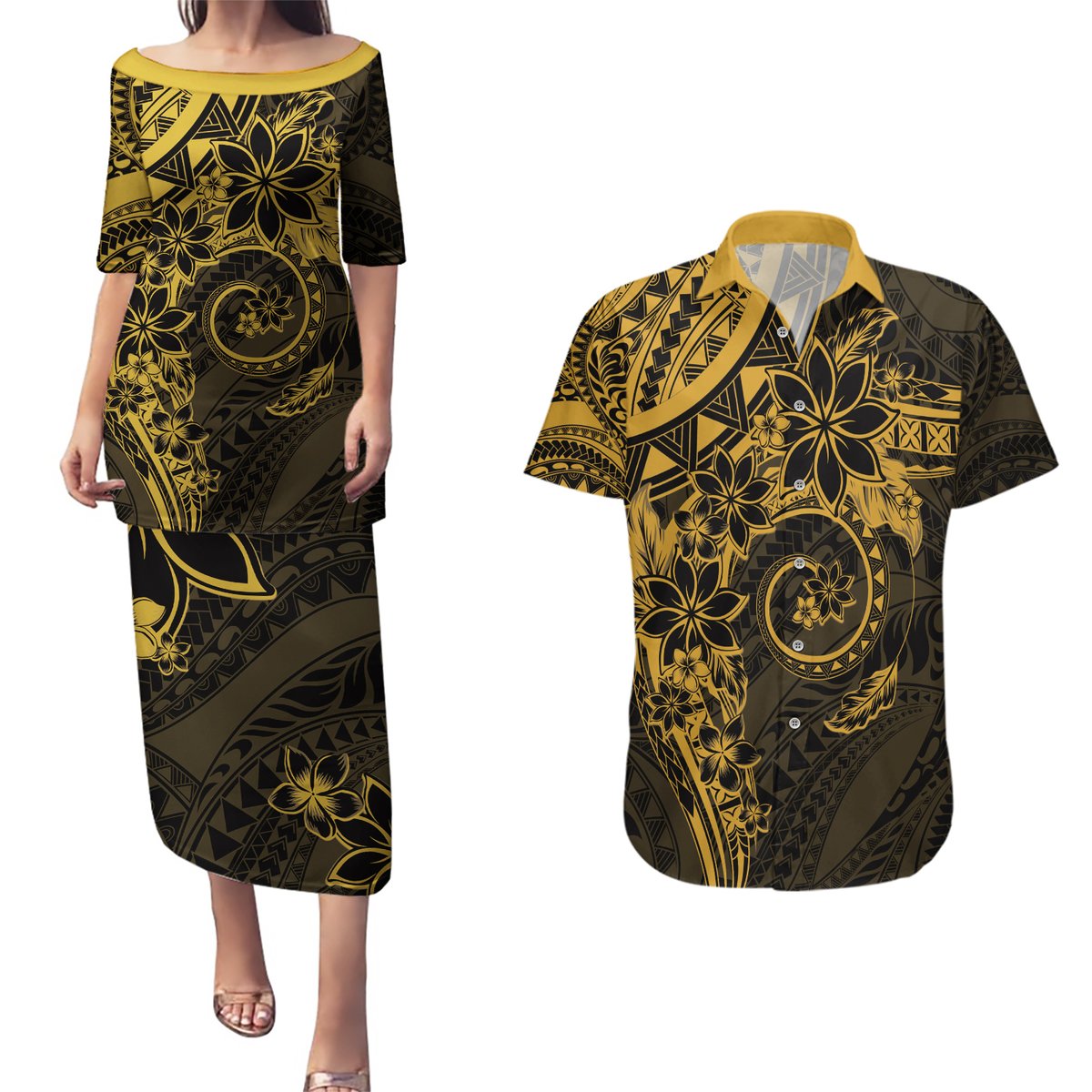 Polynesian Sunset Plumeria Couples Matching Puletasi and Hawaiian Shirt Gold Polynesian Tattoo