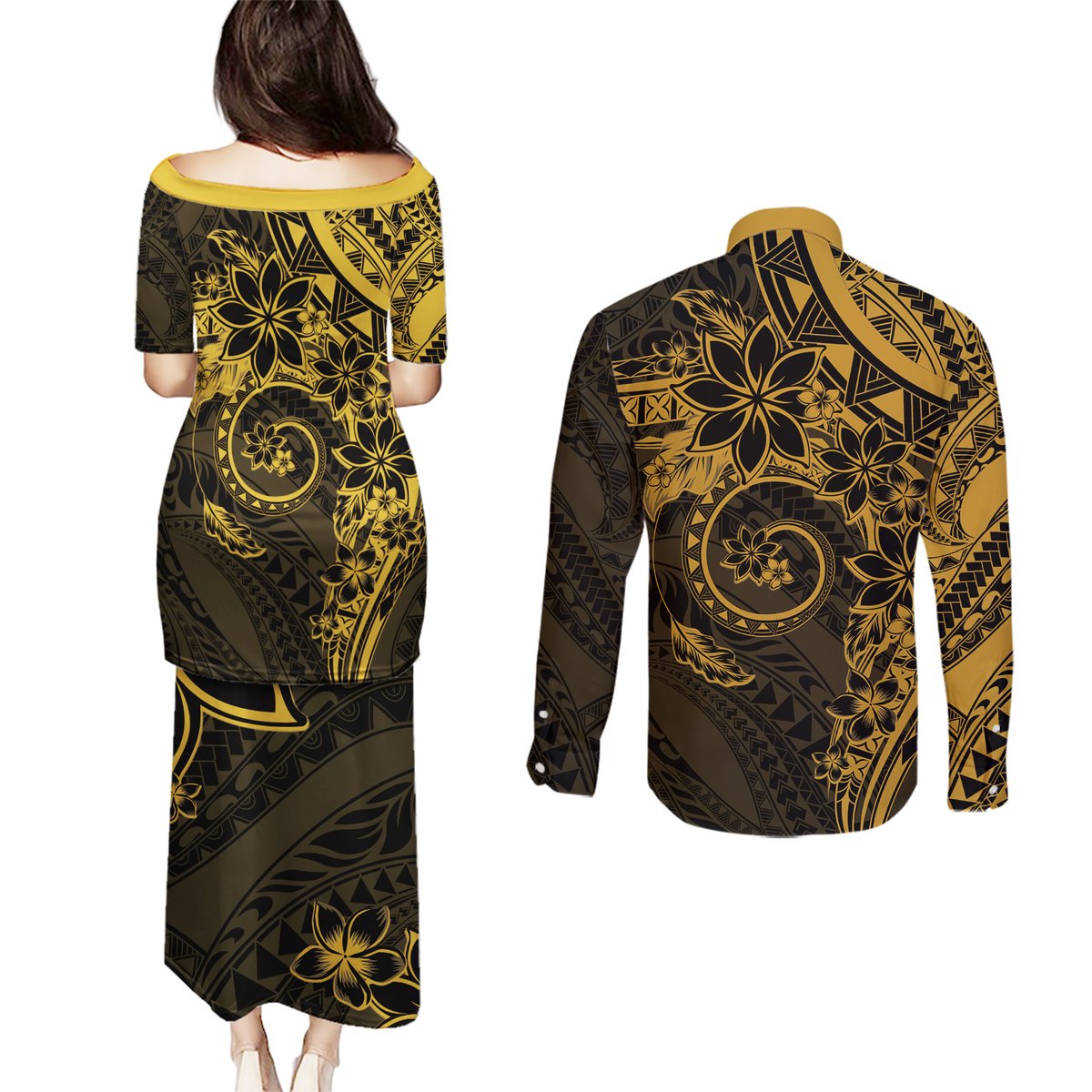 Polynesian Sunset Plumeria Couples Matching Puletasi and Long Sleeve Button Shirt Gold Polynesian Tattoo