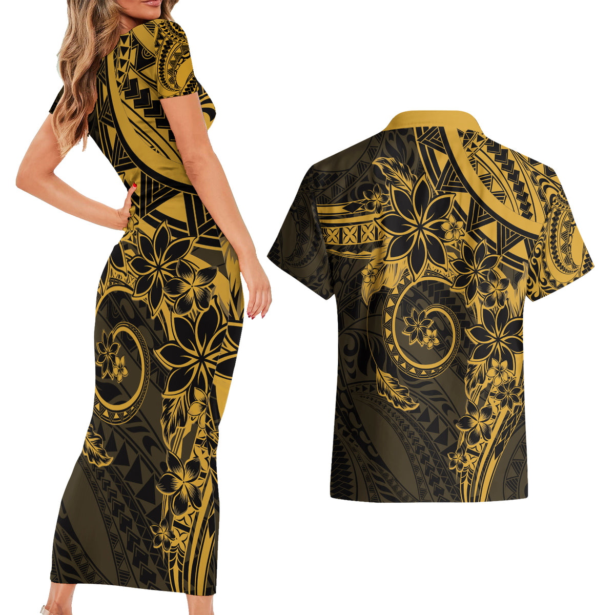 Polynesian Sunset Plumeria Couples Matching Short Sleeve Bodycon Dress and Hawaiian Shirt Gold Polynesian Tattoo