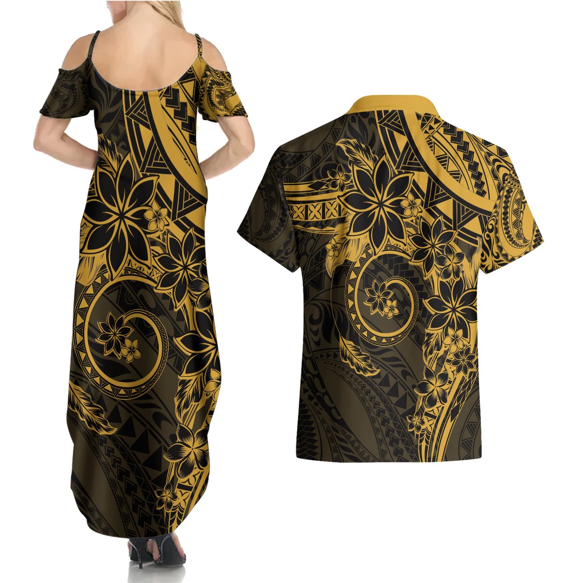 Polynesian Sunset Plumeria Couples Matching Summer Maxi Dress and Hawaiian Shirt Gold Polynesian Tattoo
