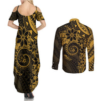 Polynesian Sunset Plumeria Couples Matching Summer Maxi Dress and Long Sleeve Button Shirt Gold Polynesian Tattoo LT05 - Polynesian Pride