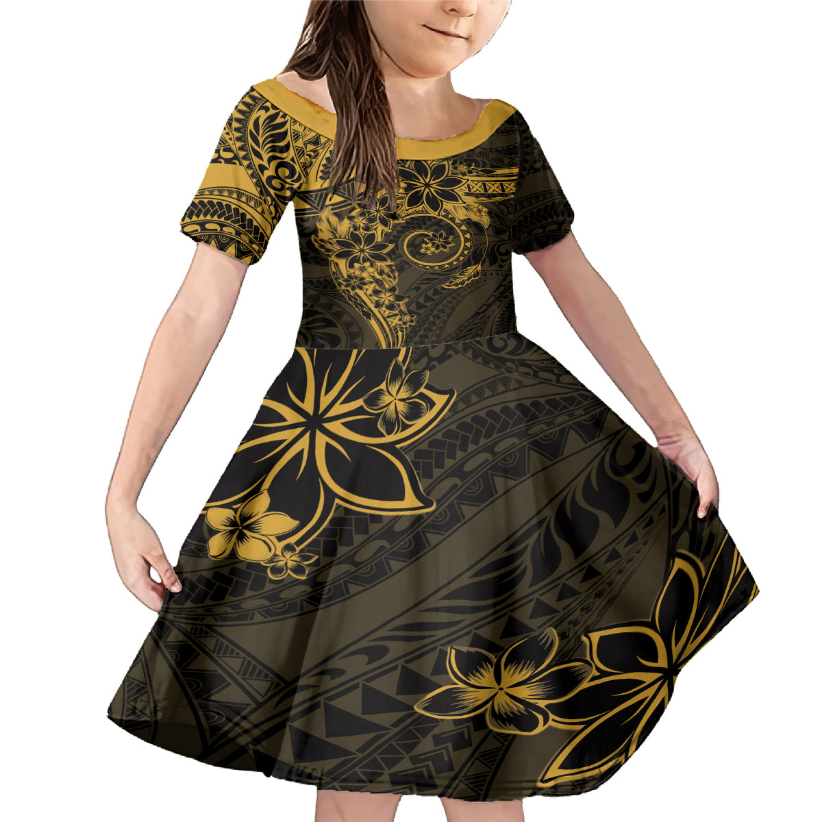 Polynesian Sunset Plumeria Family Matching Mermaid Dress and Hawaiian Shirt Gold Polynesian Tattoo LT05 Daughter's Dress Gold - Polynesian Pride