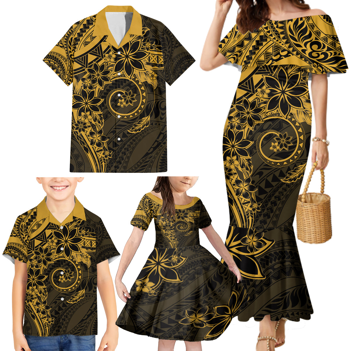 Polynesian Sunset Plumeria Family Matching Mermaid Dress and Hawaiian Shirt Gold Polynesian Tattoo LT05 - Polynesian Pride