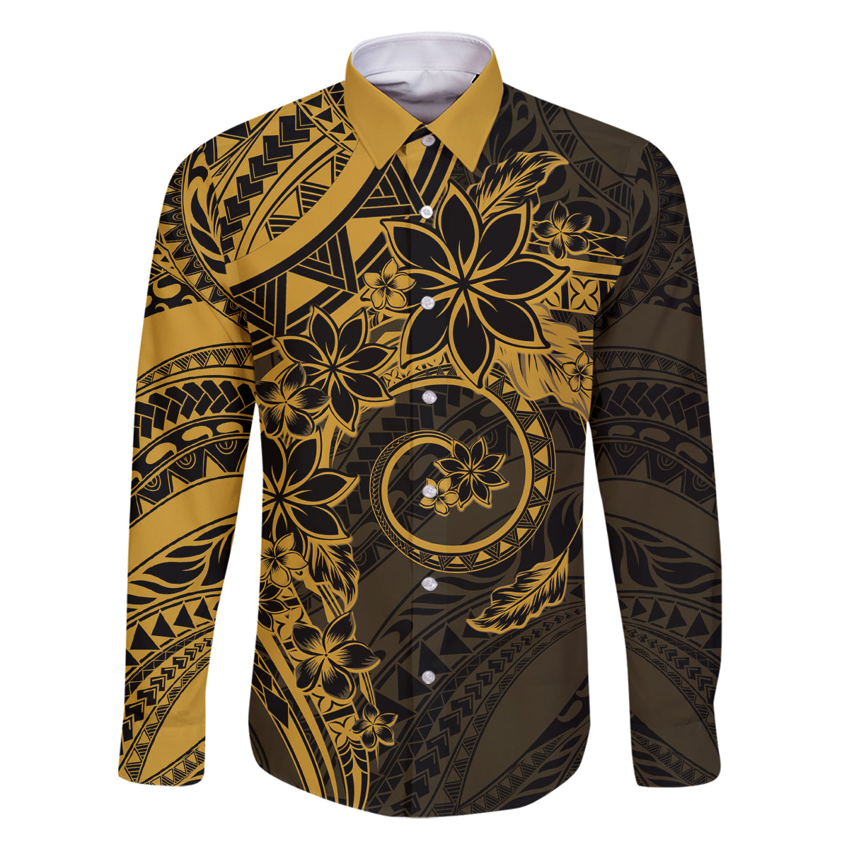 Polynesian Sunset Plumeria Family Matching Mermaid Dress and Hawaiian Shirt Gold Polynesian Tattoo LT05 Dad's Shirt - Long Sleeve Gold - Polynesian Pride