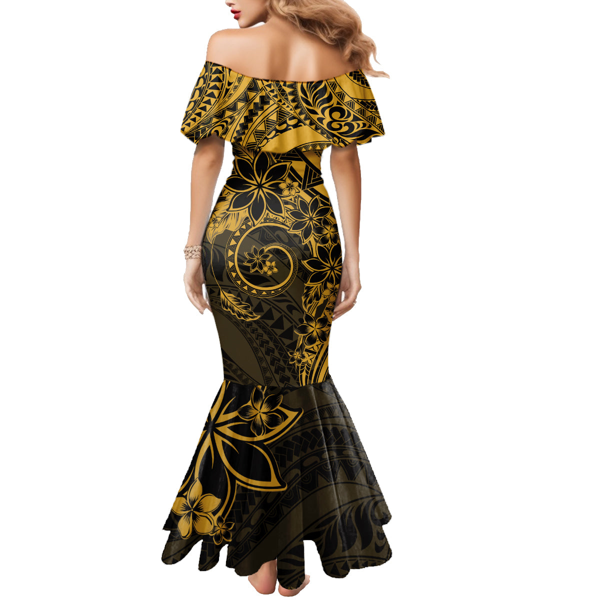 Polynesian Sunset Plumeria Family Matching Mermaid Dress and Hawaiian Shirt Gold Polynesian Tattoo LT05 - Polynesian Pride