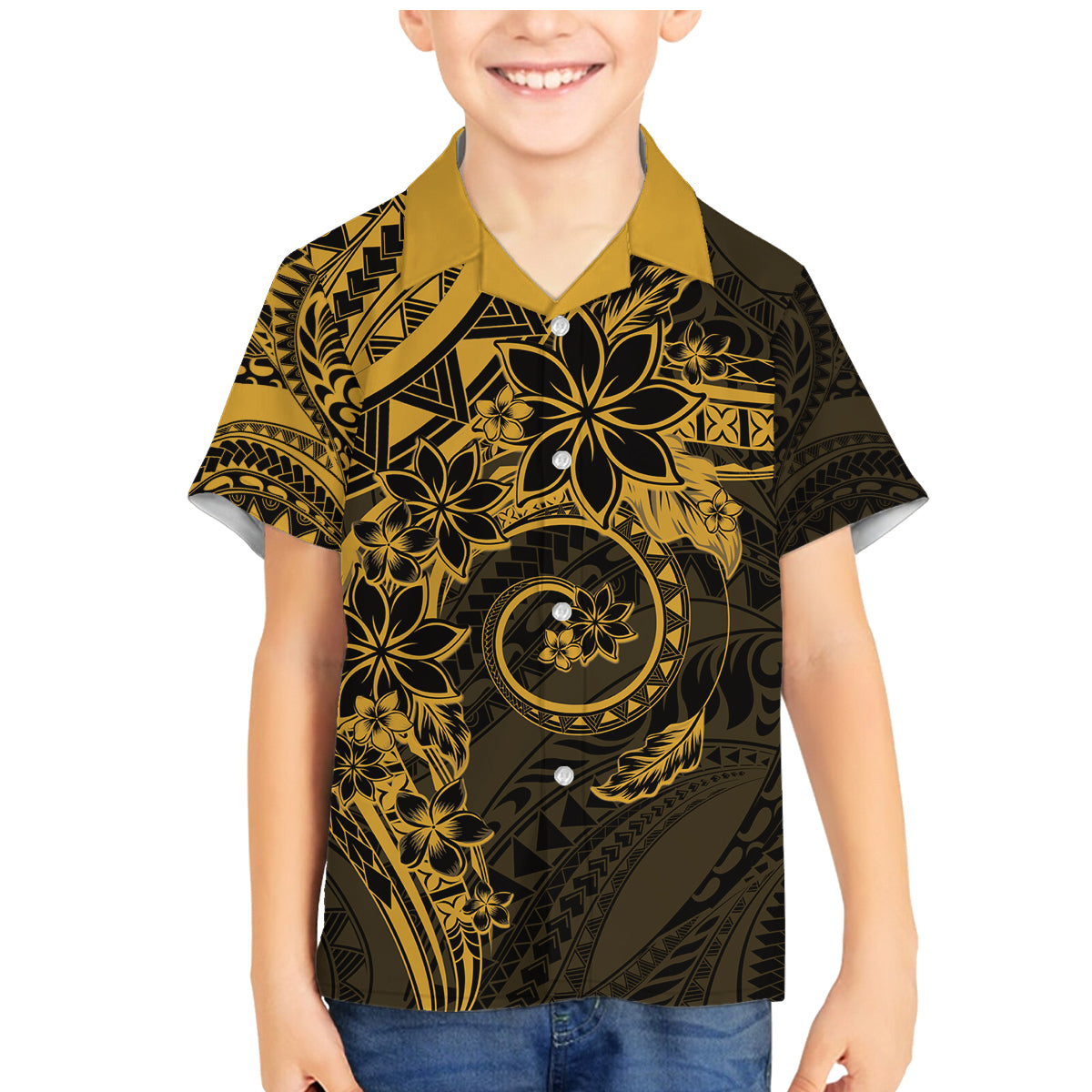 Polynesian Sunset Plumeria Family Matching Mermaid Dress and Hawaiian Shirt Gold Polynesian Tattoo LT05 Son's Shirt Gold - Polynesian Pride