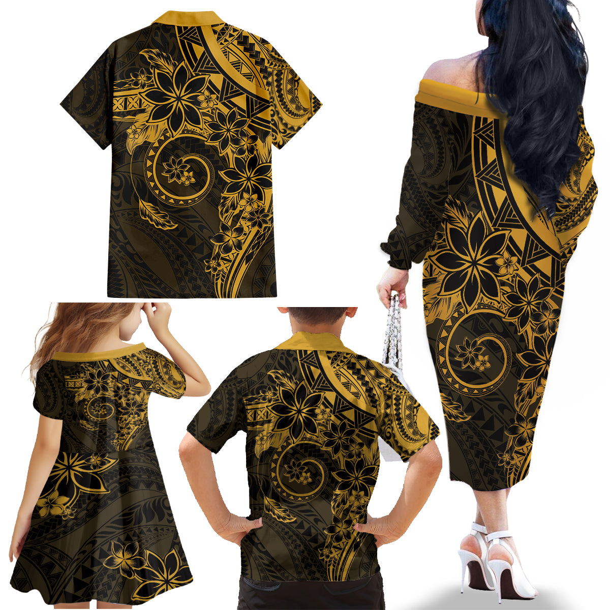 Polynesian Sunset Plumeria Family Matching Off The Shoulder Long Sleeve Dress and Hawaiian Shirt Gold Polynesian Tattoo