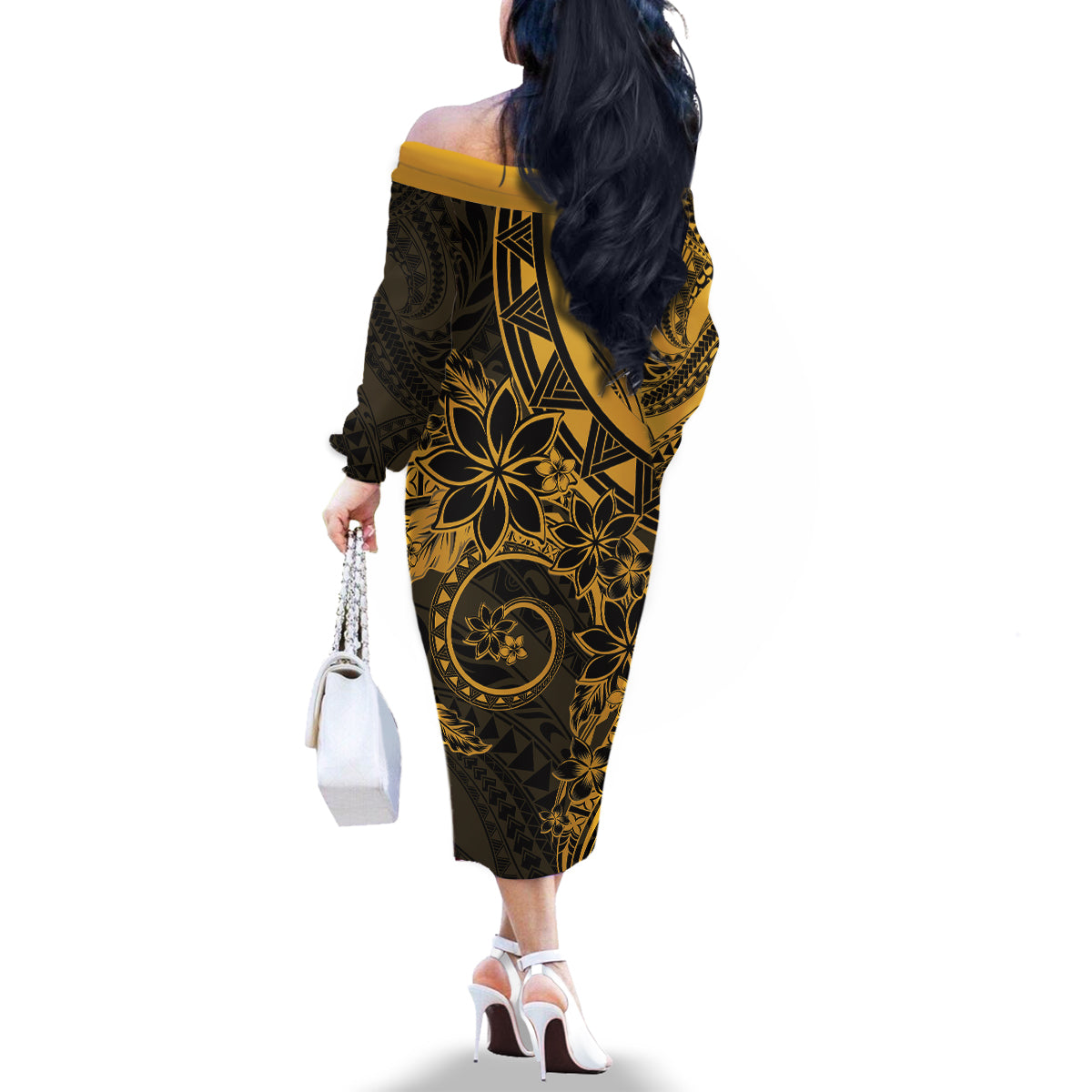 Polynesian Sunset Plumeria Family Matching Off The Shoulder Long Sleeve Dress and Hawaiian Shirt Gold Polynesian Tattoo