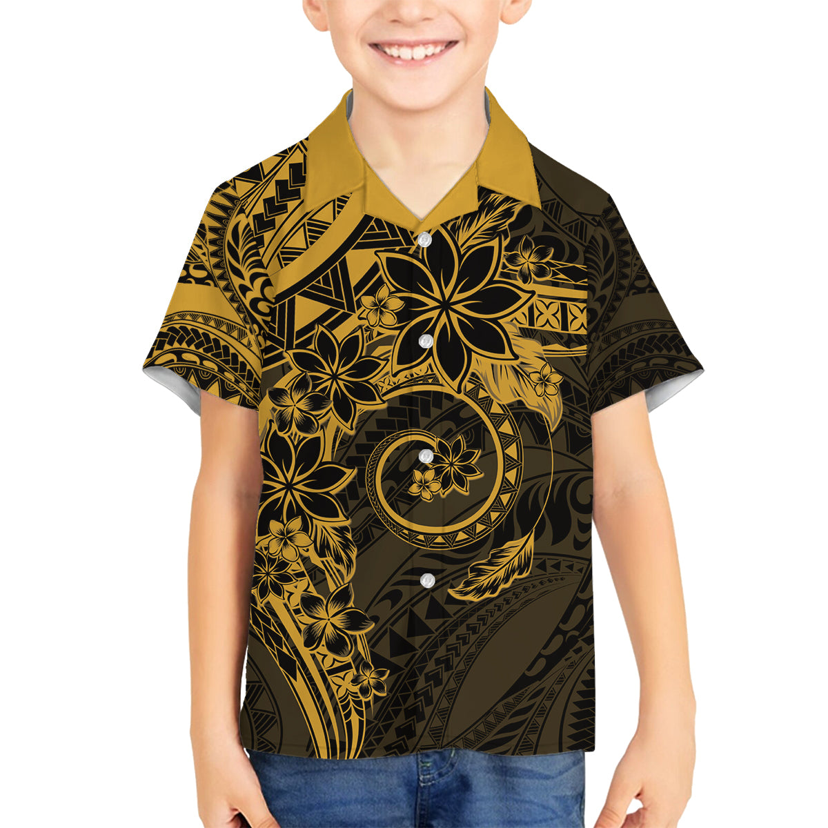 Polynesian Sunset Plumeria Family Matching Puletasi and Hawaiian Shirt Gold Polynesian Tattoo LT05 Son's Shirt Gold - Polynesian Pride