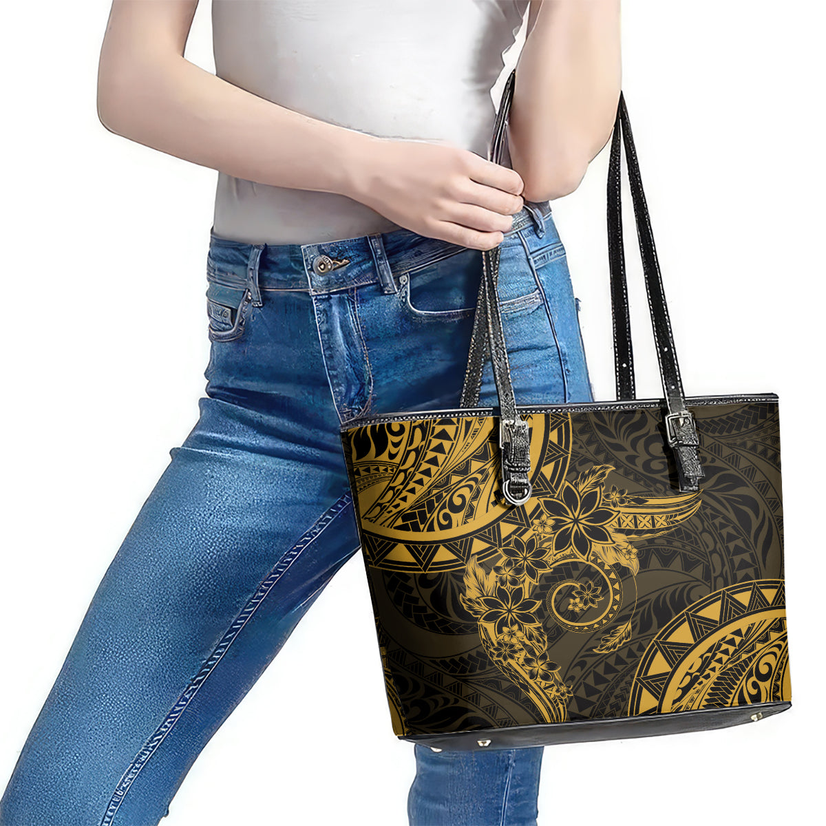 Polynesian Sunset Plumeria Leather Tote Bag Gold Polynesian Tattoo LT05 - Polynesian Pride