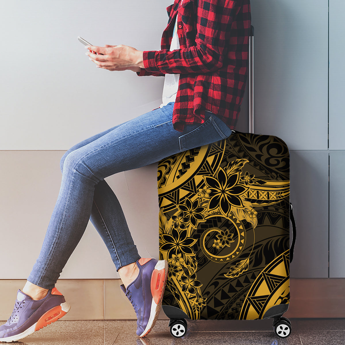 Polynesian Sunset Plumeria Luggage Cover Gold Polynesian Tattoo