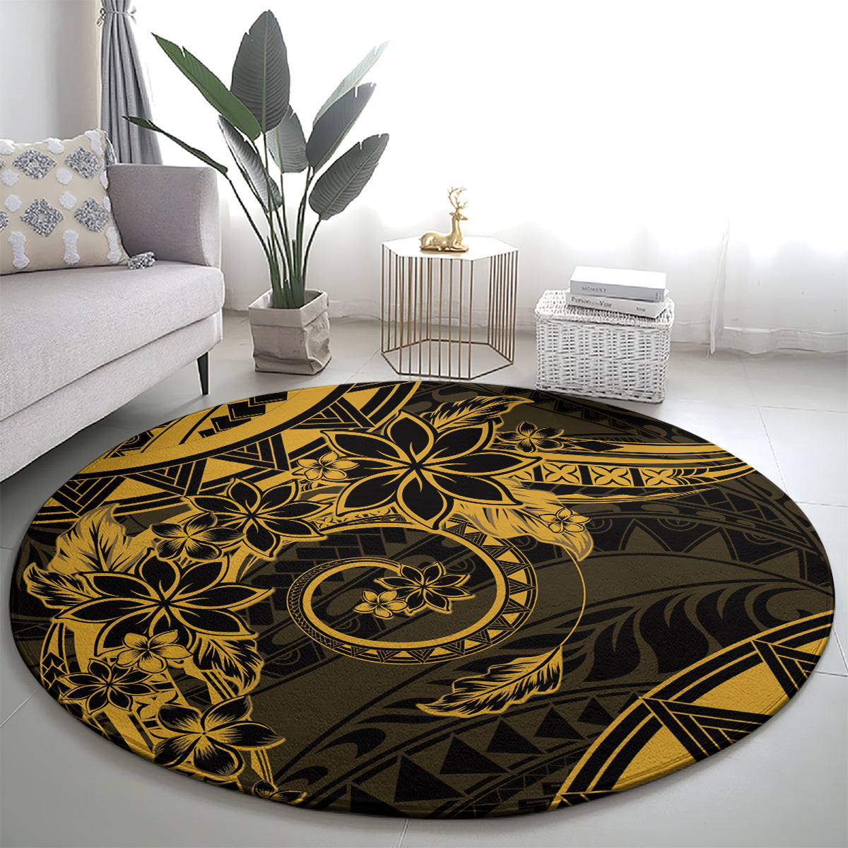 Polynesian Sunset Plumeria Round Carpet Gold Polynesian Tattoo