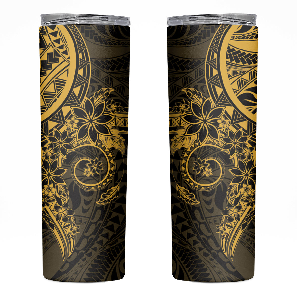 Gold Polynesian Pattern With Plumeria Flowers Skinny Tumbler