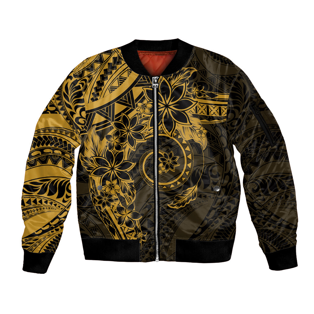 Polynesian Sunset Plumeria Sleeve Zip Bomber Jacket Gold Polynesian Tattoo