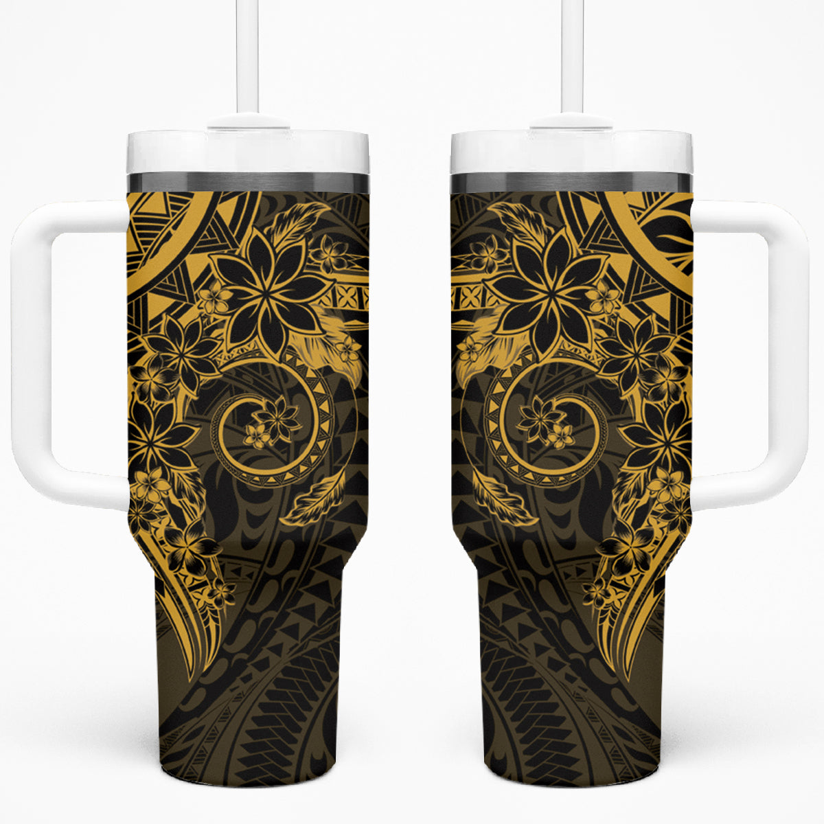 Gold Polynesian Pattern With Plumeria Flowers Tumbler With Handle