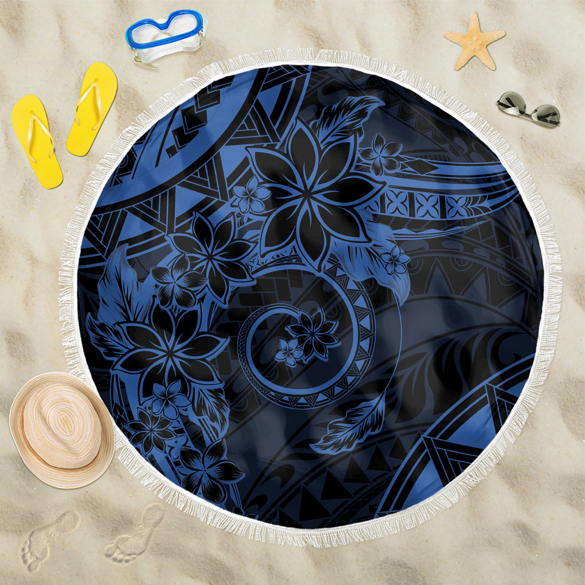 Polynesian Sunset Plumeria Beach Blanket Navy Polynesian Tattoo LT05 One Size 150cm Navy - Polynesian Pride