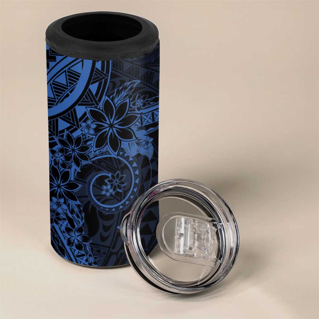 Navy Polynesian Pattern With Plumeria Flowers 4 in 1 Can Cooler Tumbler