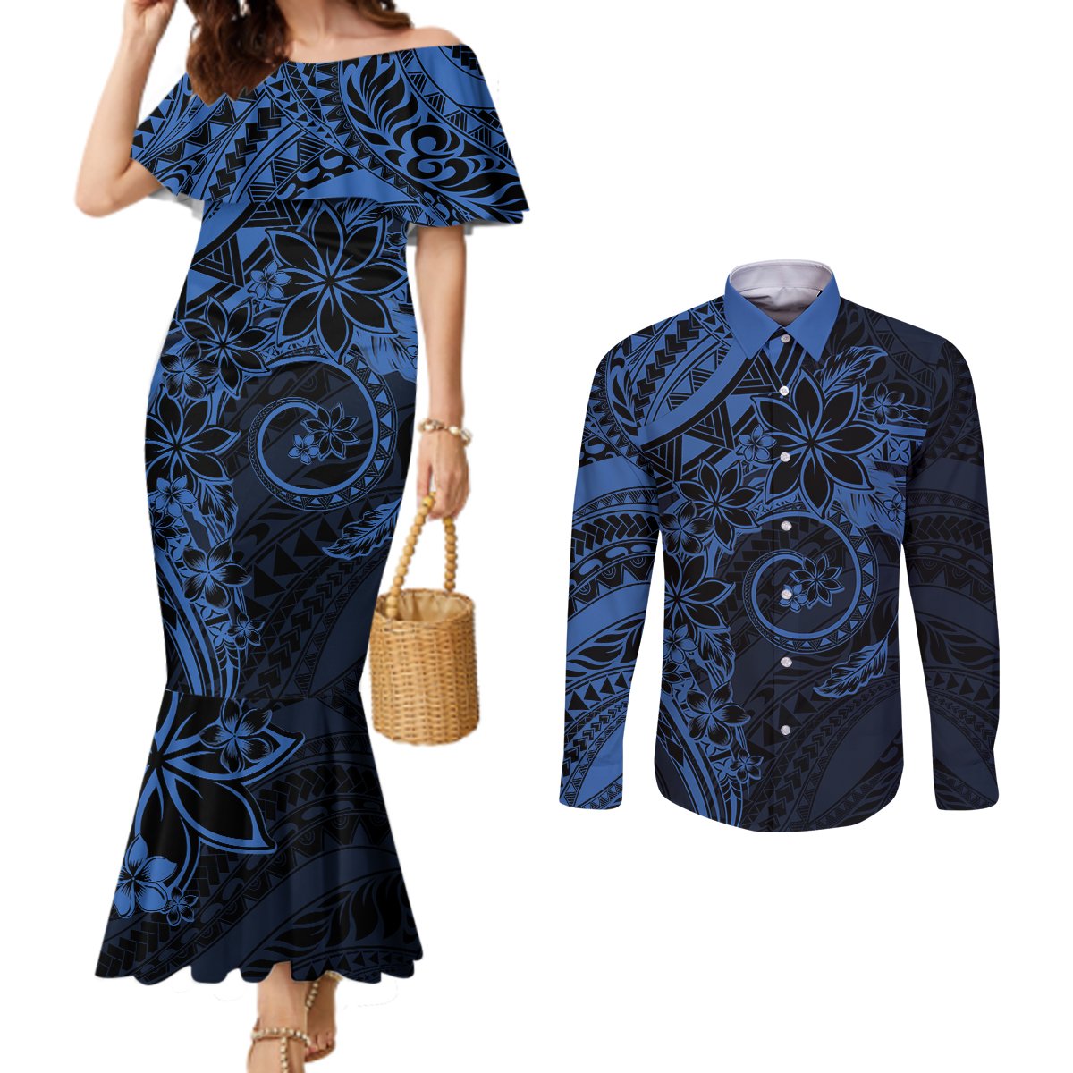 Polynesian Sunset Plumeria Couples Matching Mermaid Dress and Long Sleeve Button Shirt Navy Polynesian Tattoo LT05 Navy - Polynesian Pride