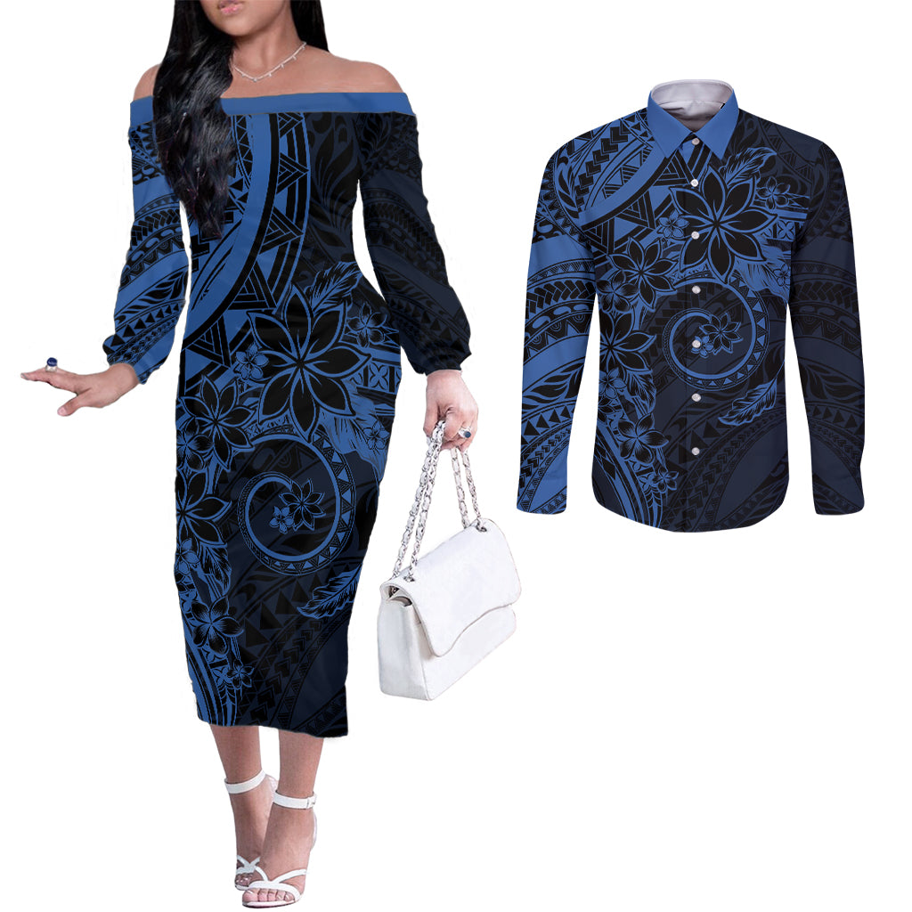 Polynesian Sunset Plumeria Couples Matching Off The Shoulder Long Sleeve Dress and Long Sleeve Button Shirt Navy Polynesian Tattoo LT05 Navy - Polynesian Pride