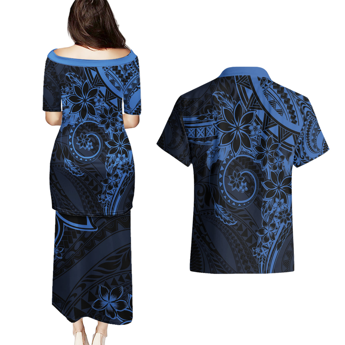 Polynesian Sunset Plumeria Couples Matching Puletasi and Hawaiian Shirt Navy Polynesian Tattoo