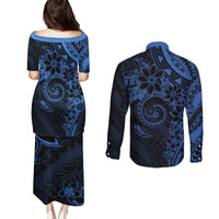Polynesian Sunset Plumeria Couples Matching Puletasi and Long Sleeve Button Shirt Navy Polynesian Tattoo