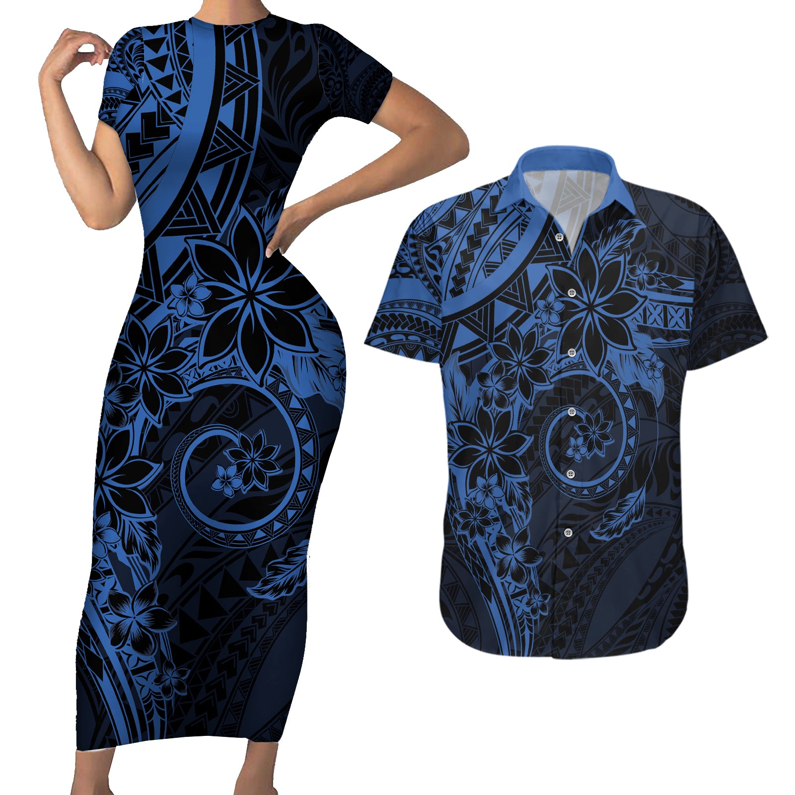 Polynesian Sunset Plumeria Couples Matching Short Sleeve Bodycon Dress and Hawaiian Shirt Navy Polynesian Tattoo