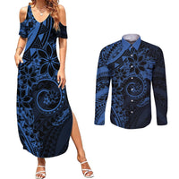 Polynesian Sunset Plumeria Couples Matching Summer Maxi Dress and Long Sleeve Button Shirt Navy Polynesian Tattoo