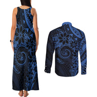 Polynesian Sunset Plumeria Couples Matching Tank Maxi Dress and Long Sleeve Button Shirt Navy Polynesian Tattoo
