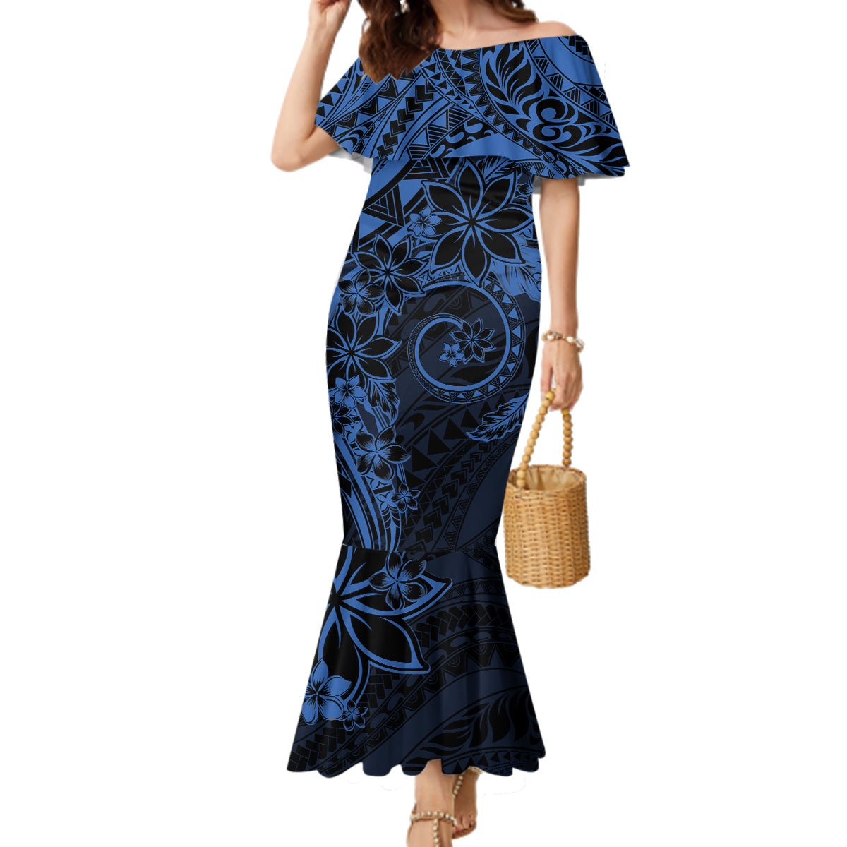 Polynesian Sunset Plumeria Family Matching Mermaid Dress and Hawaiian Shirt Navy Polynesian Tattoo